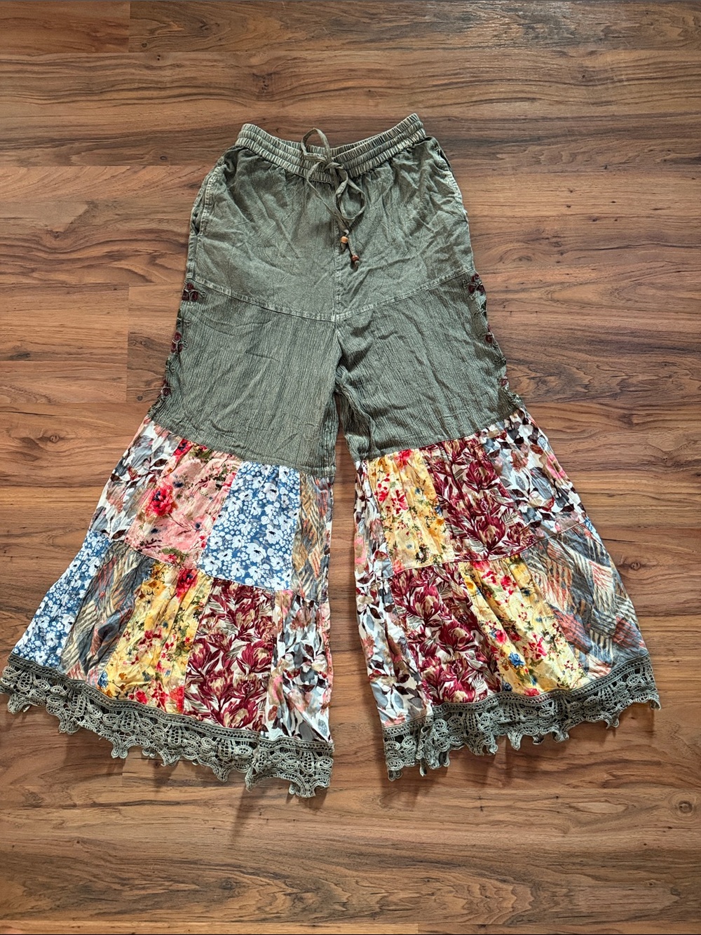 Boho Patchwork Wide-Leg Pants in Olive with Lace Trim